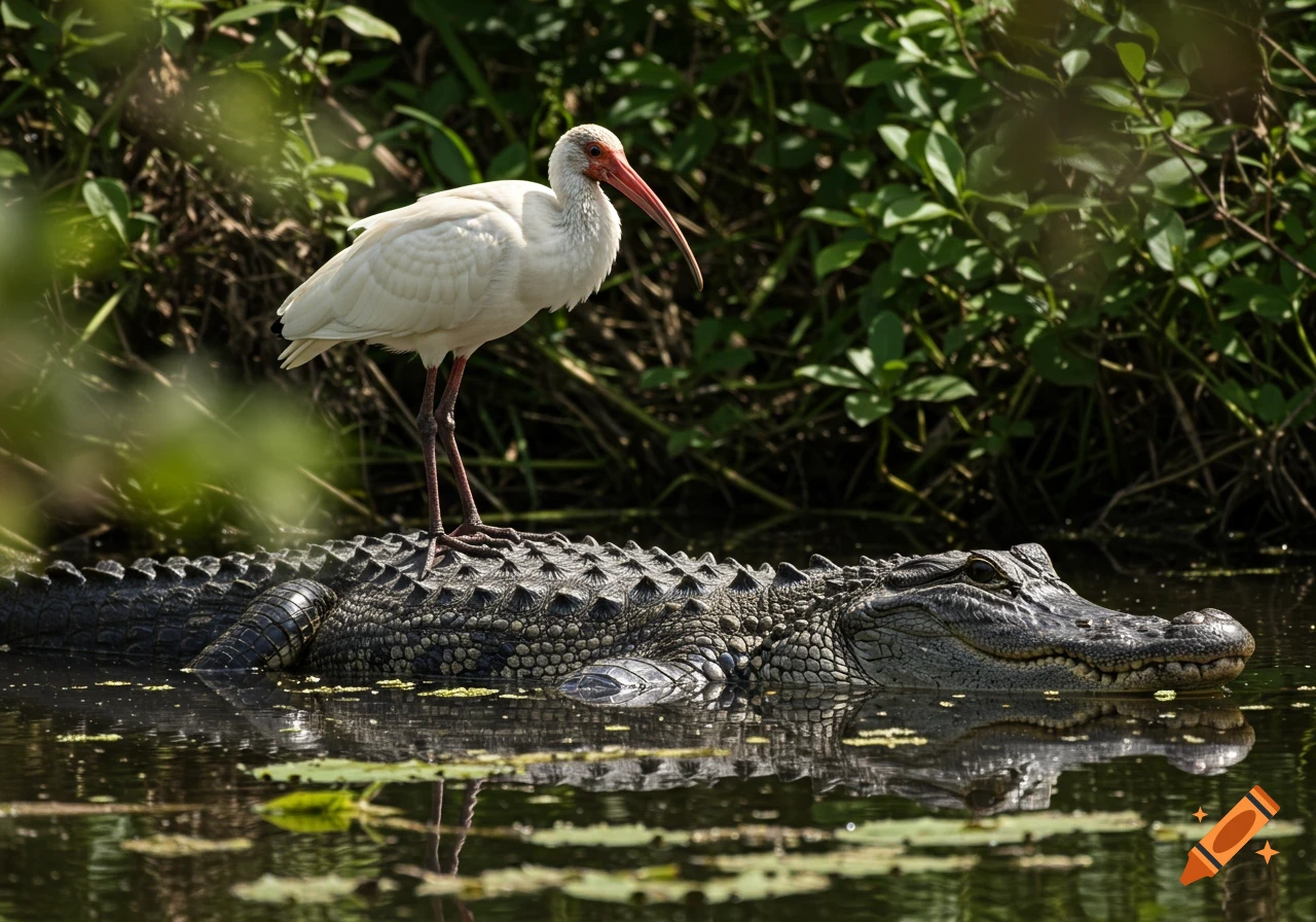 A white ibis stands on the back of an alligator partially submerged in murky water with green foliage.