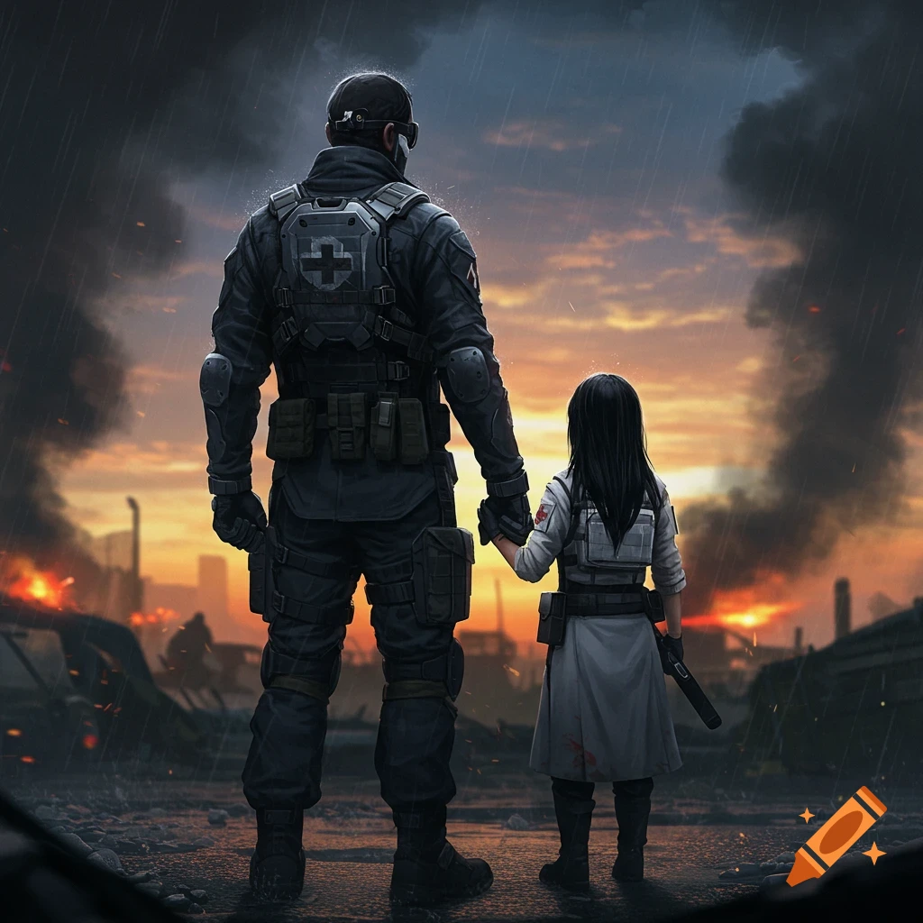 A soldier and a young girl, seen from behind, hold hands while standing in a war-torn city with fires and smoke under a dramatic sunset sky.