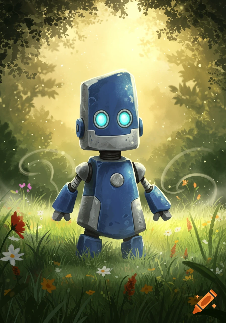 A cute, blue, blocky robot with glowing eyes stands in a vibrant, sunlit grassy field with wildflowers, digital illustration.