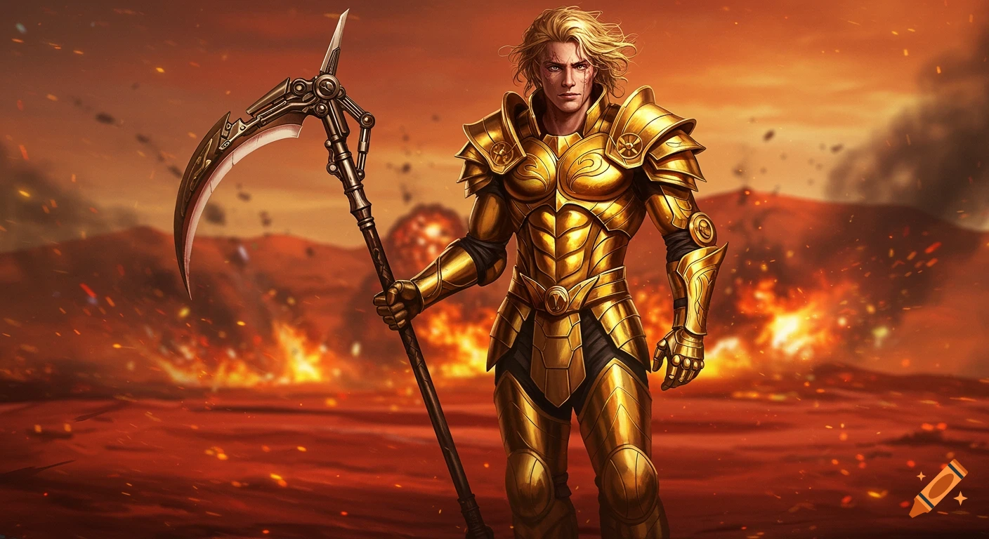 Muscular man in golden armor with a robotic scythe stands in a fiery red martian landscape with explosions. Digital art.