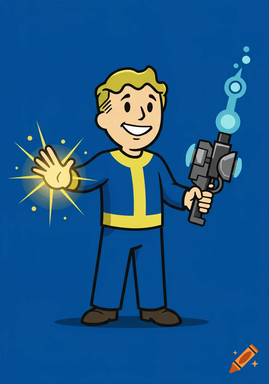 A cartoon Vault Boy in a blue and yellow jumpsuit holds a ray gun and has a glowing, sparkling hand.