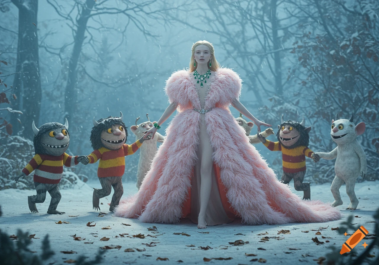Photorealistic image of a woman in a flowing pink feathered gown dancing and holding hands with 'Where the Wild Things Are' monsters in a snowy forest.