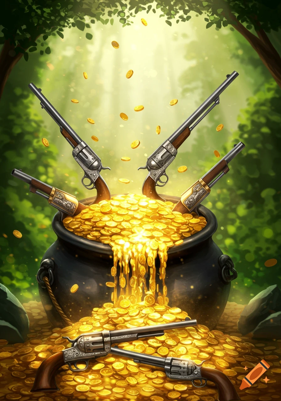A black pot overflows with golden coins in a lush forest, with five revolvers sticking out and two lying on the coin pile.