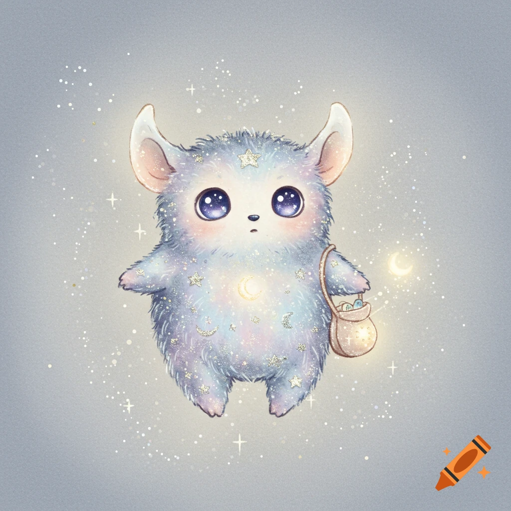 A whimsical, fuzzy, light blue creature with large eyes and ears, covered in glittery stars and moons, carrying a glowing satchel in a magical watercolor style.