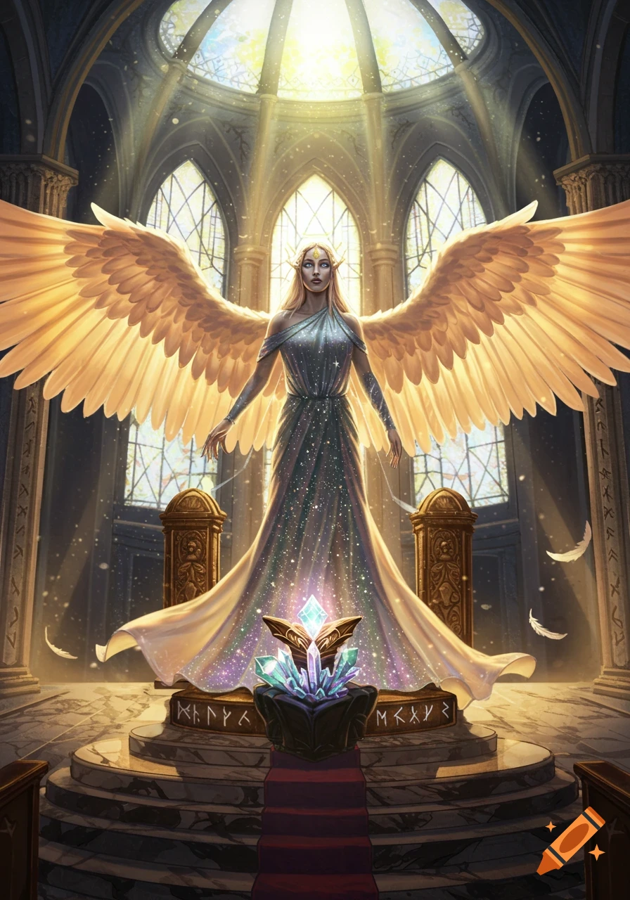 An elegant angelic figure with golden wings stands in a majestic temple, bathed in light, with a glowing crystal.