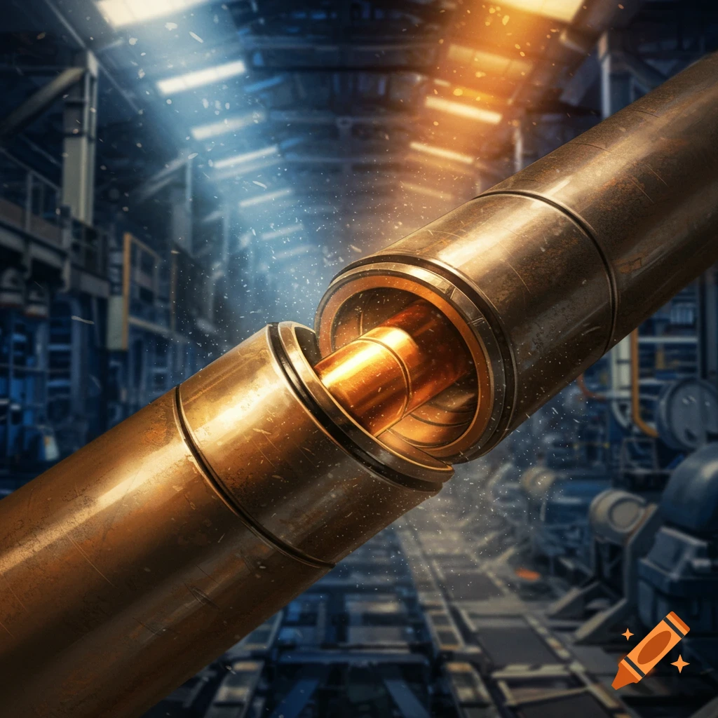 A smaller shiny copper pipe is inserted into a larger weathered bronze pipe in an industrial factory setting with light rays and dust.