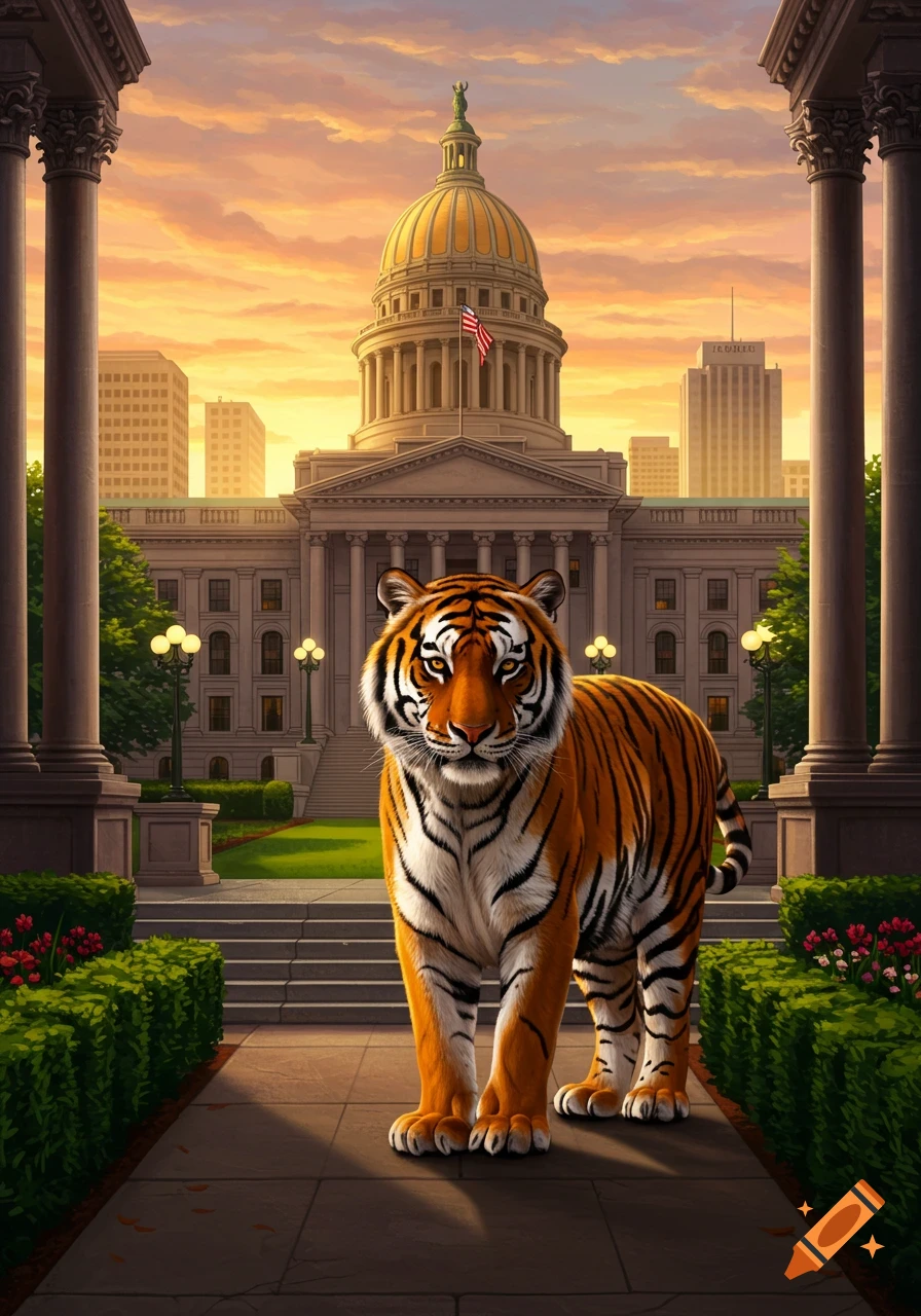 A photorealistic tiger stands on a paved path in front of a grand state capital building with a golden dome and American flag at sunset, with a city skyline in the background.