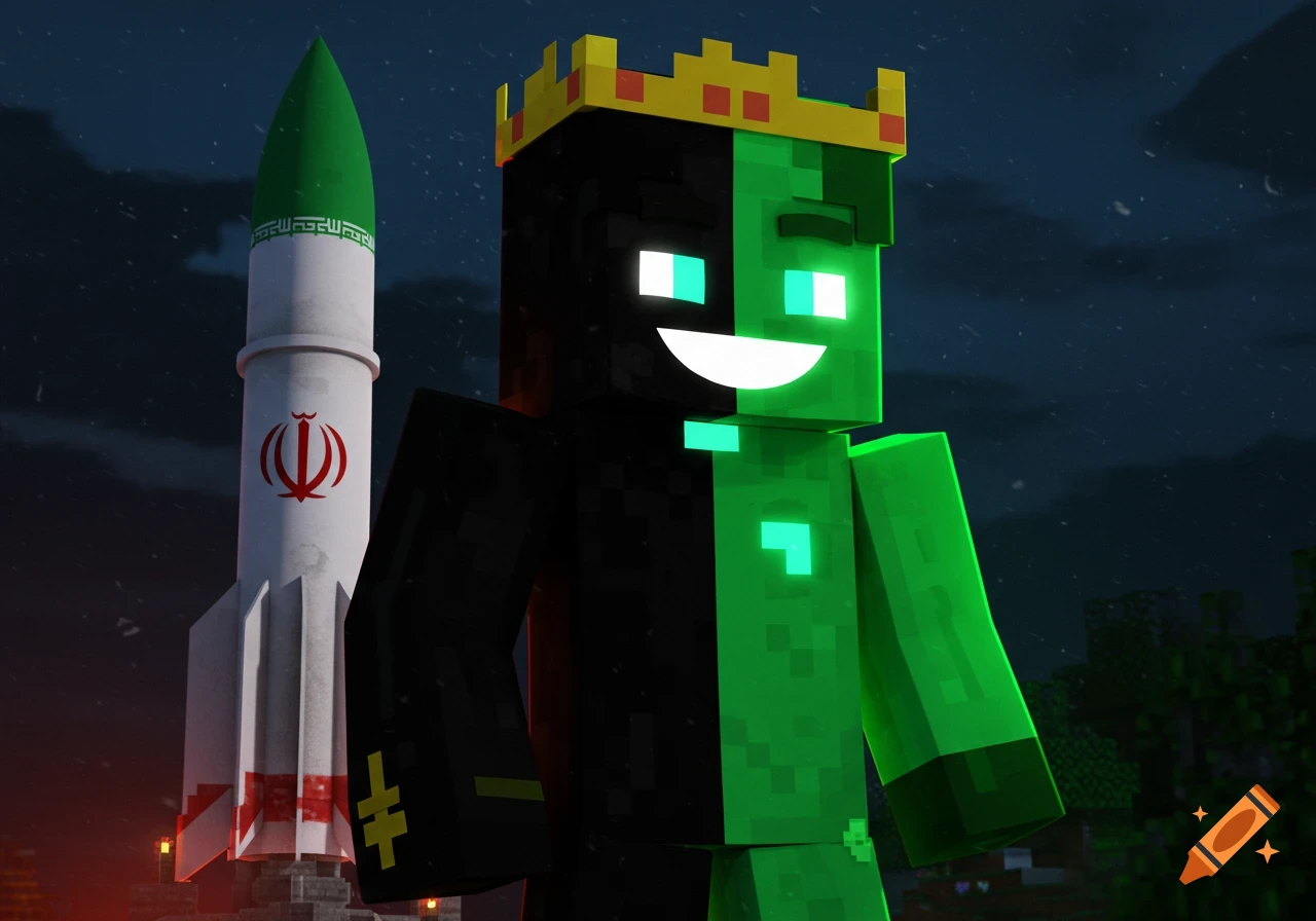 A split black and neon green Minecraft character with a crown stands next to a tall Iranian-style missile at night.