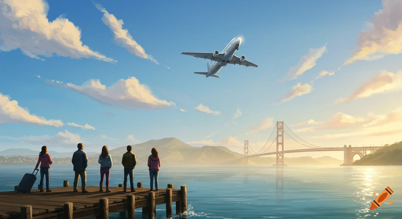 People on a wooden pier watch an airplane ascend into a blue sky over a bay with a large orange bridge and mountains in the distance.