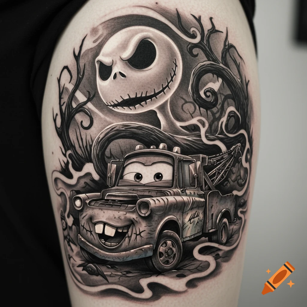 A black, white, and gray tattoo on an arm featuring Mater and Jack Skellington in a spooky, misty scene.