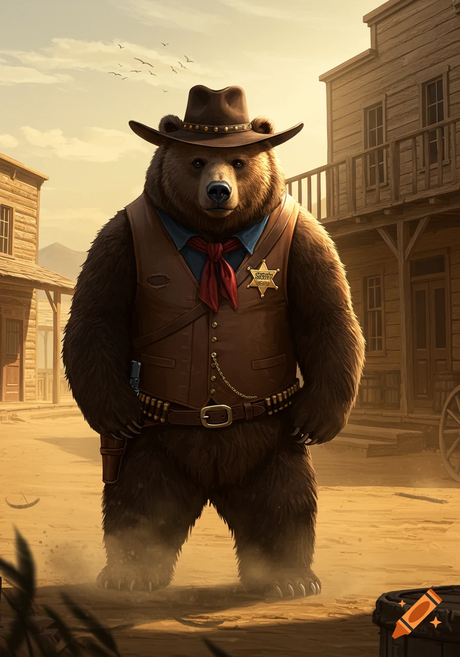 A brown bear dressed as a sheriff in a cowboy hat and vest stands in a dusty Old West town.