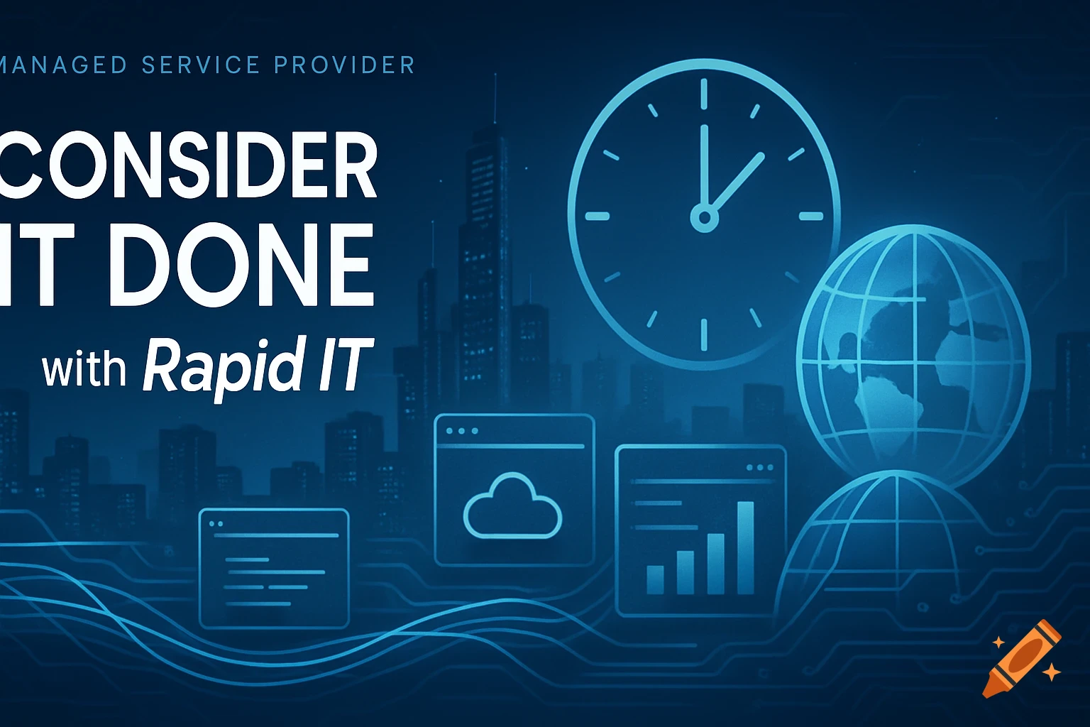 A blue-toned tech graphic with a cityscape, 'CONSIDER IT DONE with Rapid IT' text, and icons of a clock, globes, and data windows.