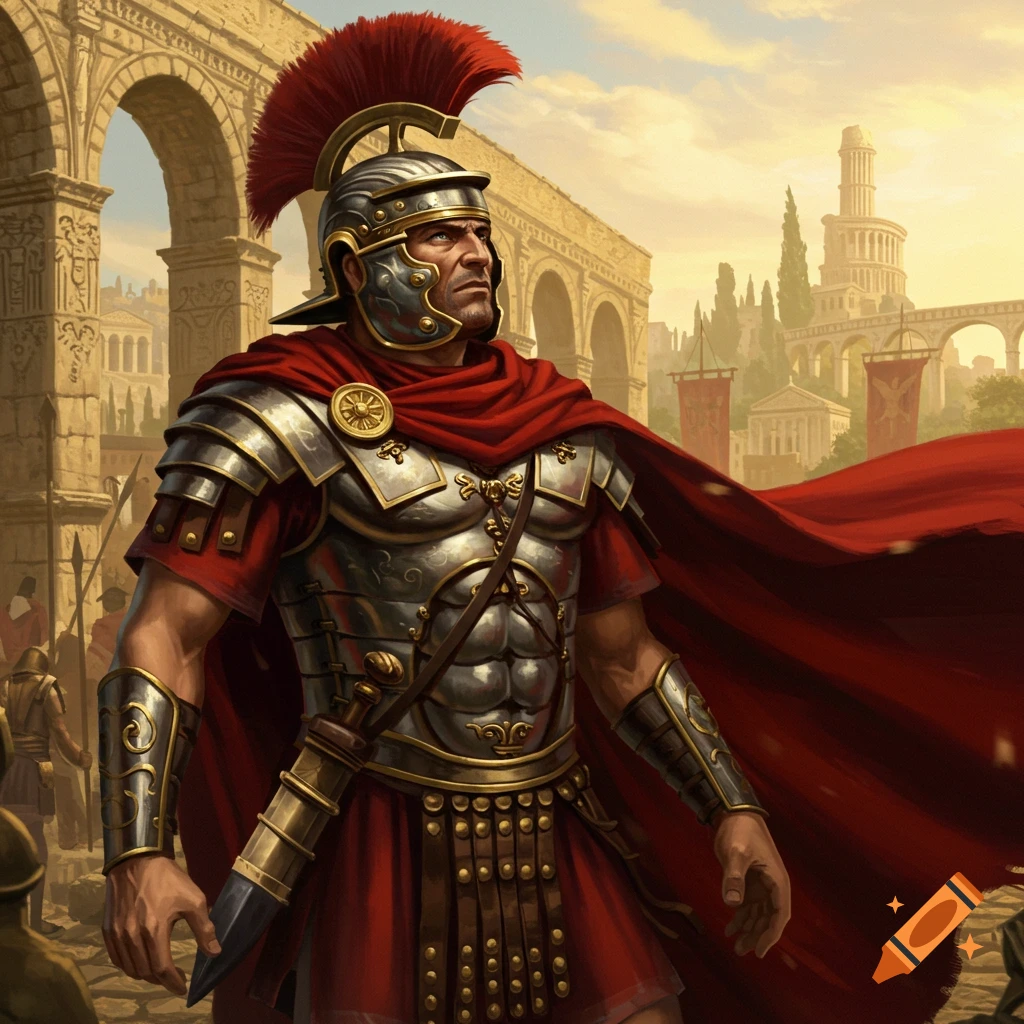 An illustrated Roman centurion in ornate armor and red cape stands in an ancient city, looking up.