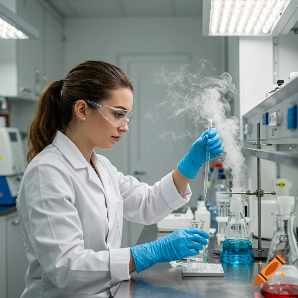 A young female scientist in safety goggles and blue gloves works with smoking chemicals in a lab, holding a pipette over a beaker.