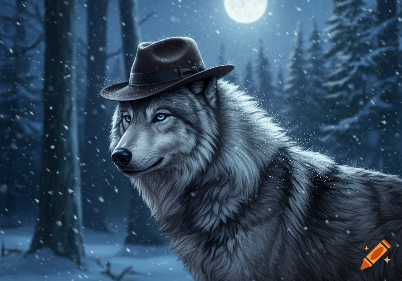 A wise-looking wolf with glowing blue eyes wears a fedora in a snowy forest under a full moon.
