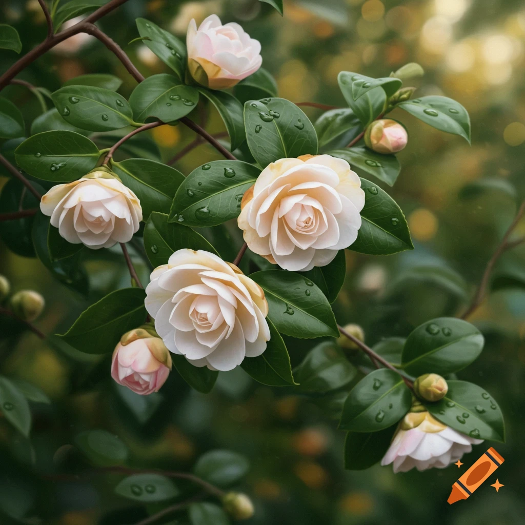 Close-up of cream and pink camellia flowers with water droplets on green leaves, photorealistic style.
