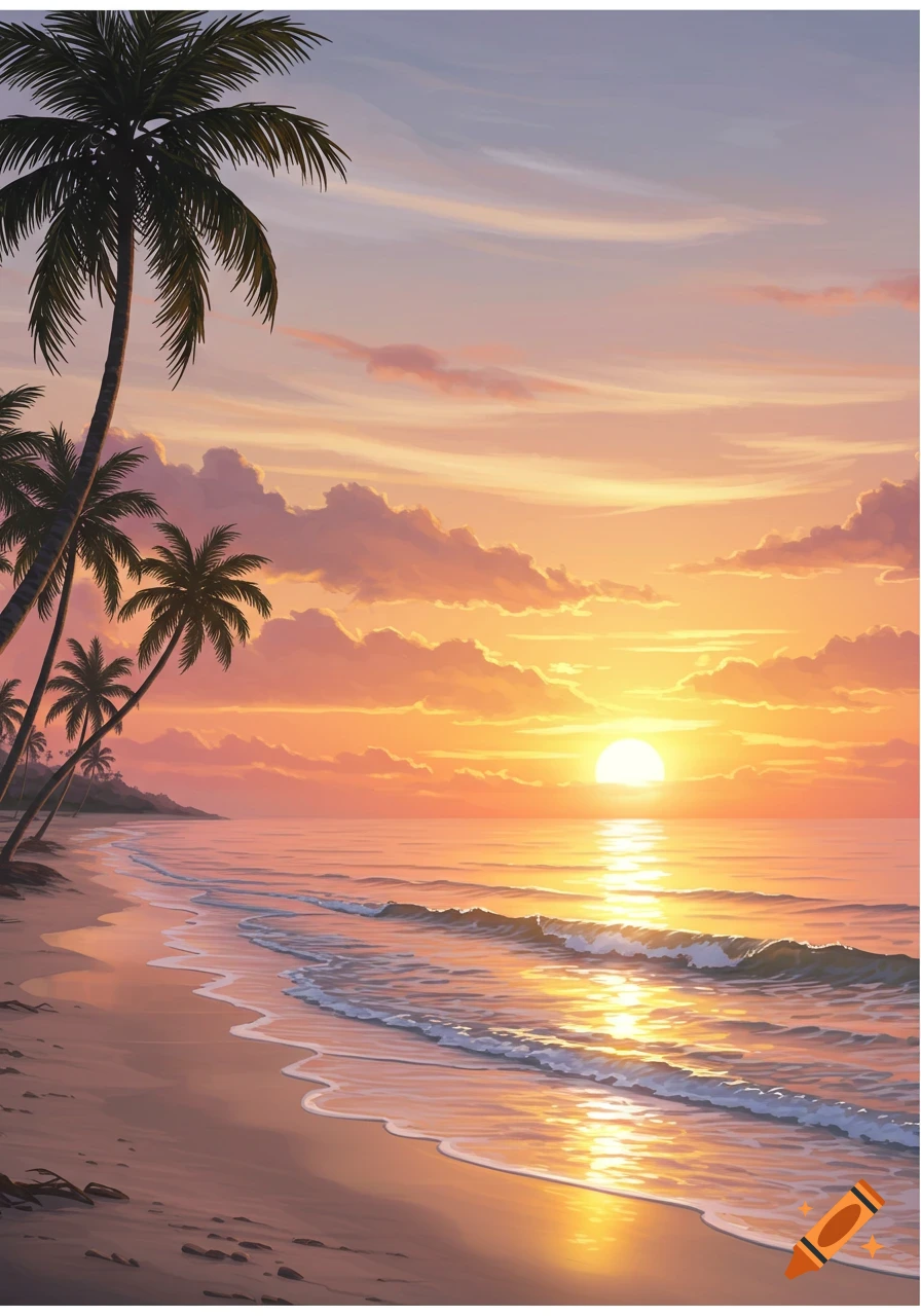 A serene beach at sunset or sunrise with vibrant orange and pink skies, gentle waves on the shore, and several tall palm trees silhouetted on the left.