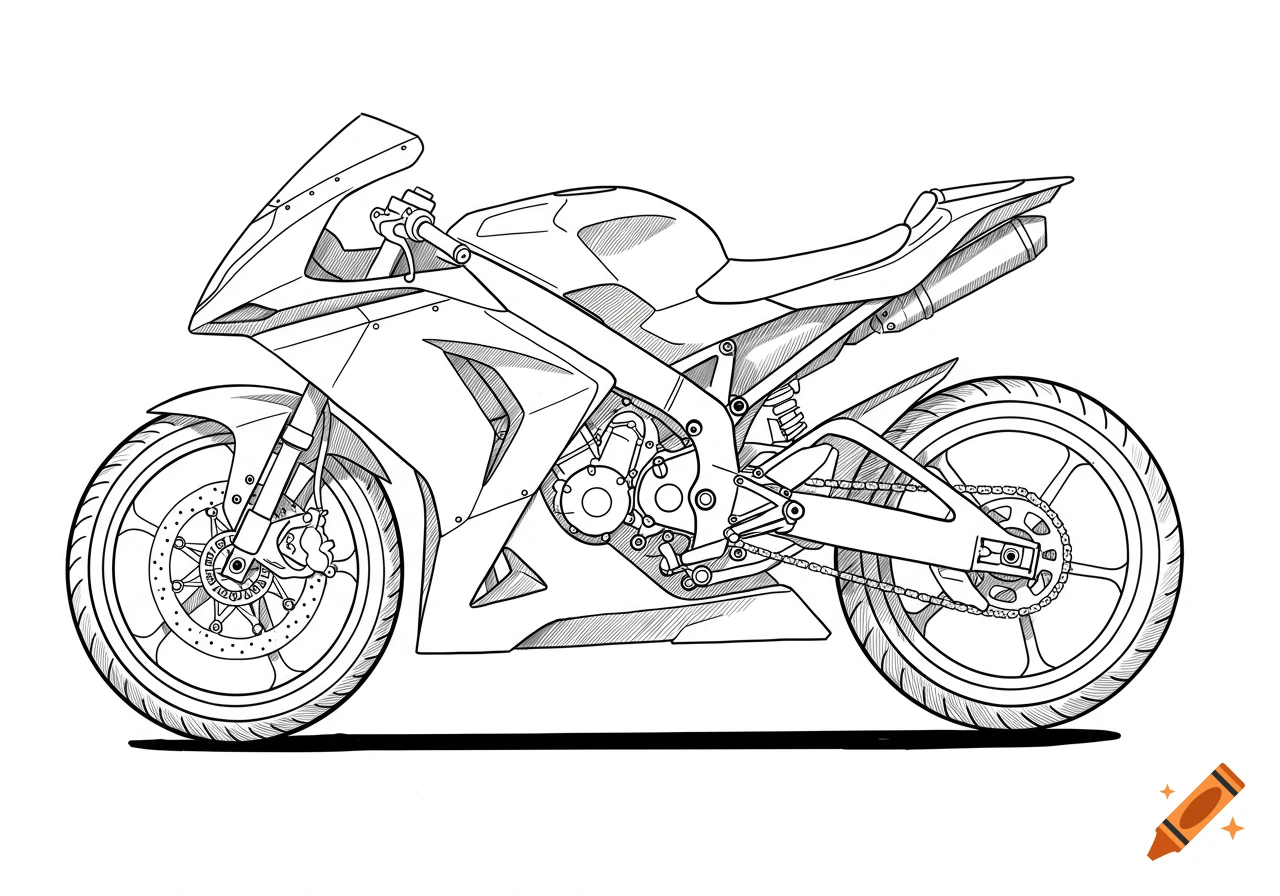 An intricate black and white line art drawing of a sport motorbike viewed from the side.