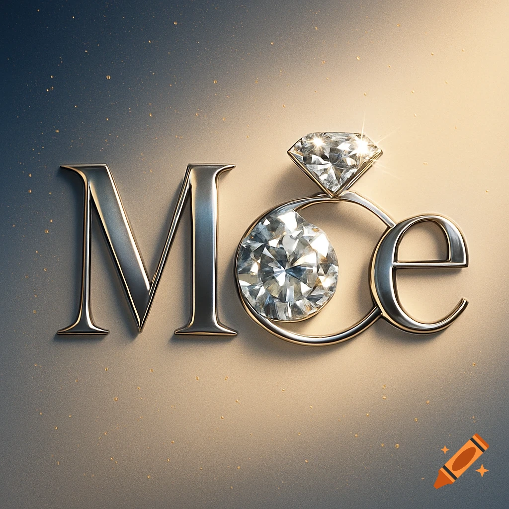 Metallic silver letters 'M' and 'e' alongside a stylized 'o' made of a diamond engagement ring with a large diamond. Luxurious, shimmering background.