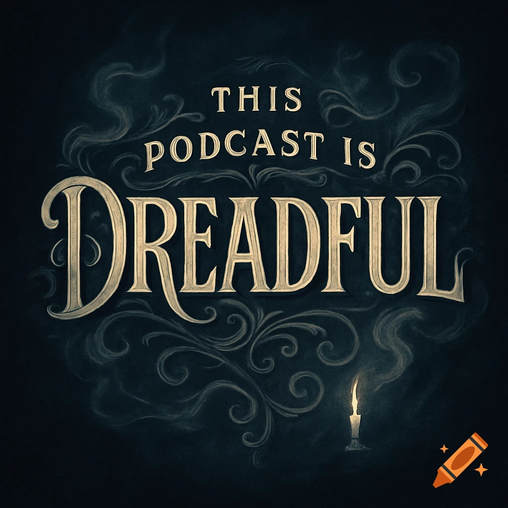 Dark, ornate logo with text 'THIS PODCAST IS DREADFUL' in a gold-like font, surrounded by smoky swirls, and a lit candle.