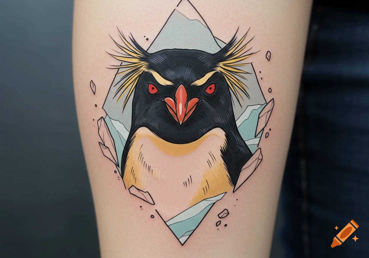 A colorful Rockhopper penguin tattoo on an arm, depicted with red eyes and spiky yellow crest, set within a geometric ice shard border.