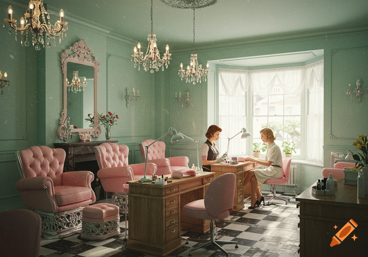 A vintage-style nail salon with mint green walls, pink tufted armchairs, and a black-and-white checkered floor. Two women are seated at wooden desks.