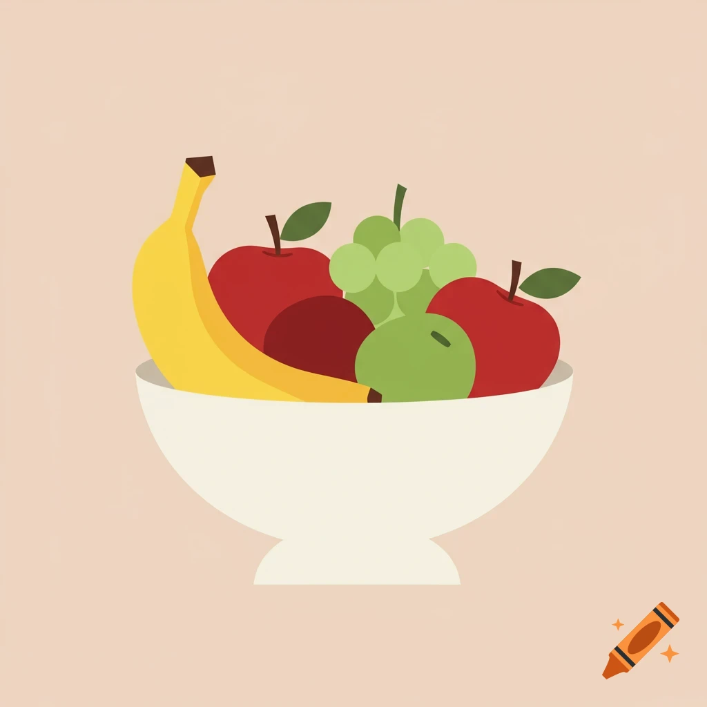 A minimalist illustration of a fruit bowl with a banana, red apples, and green grapes on a light background.