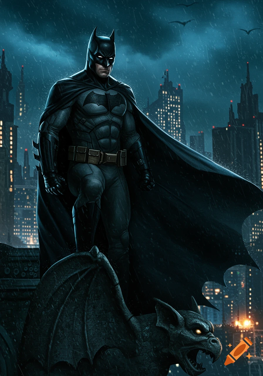 Batman stands on a gargoyle overlooking a rainy Gotham City skyline at night in a dark, illustrative style.