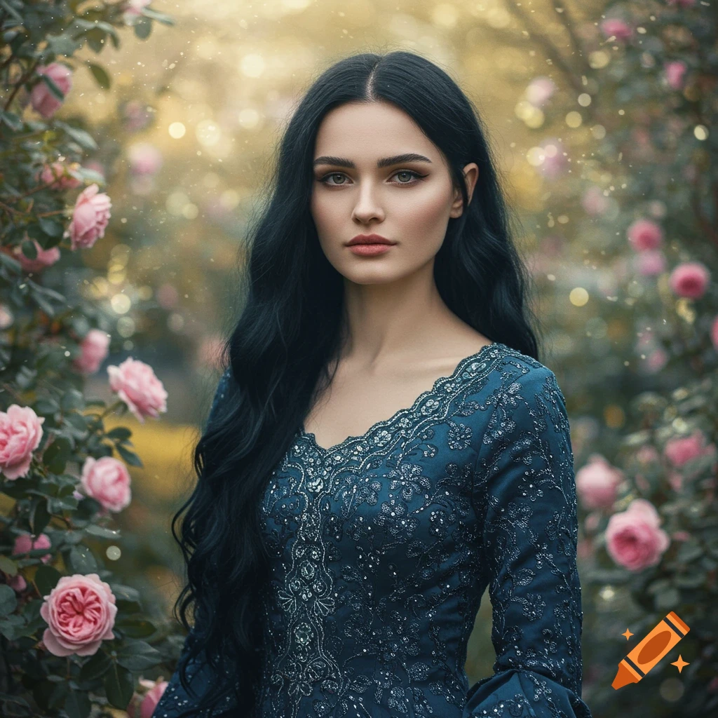 A beautiful woman with long dark hair in an elaborate blue dress stands in a rose garden at dusk. Photorealistic style.