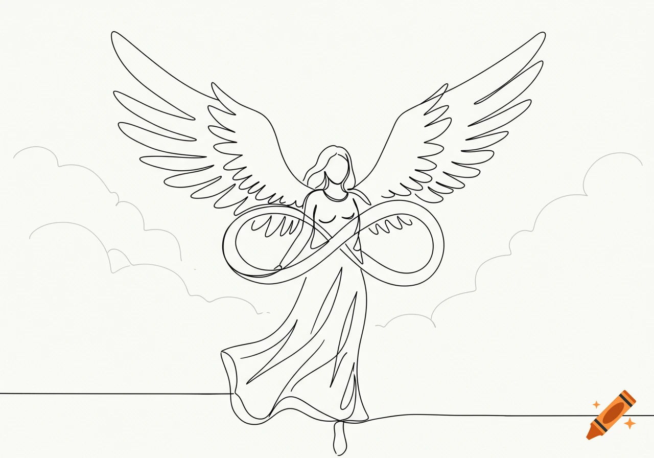 A minimalist single-line drawing depicts an angel with large wings holding an infinity symbol, set against a faint cloud background.