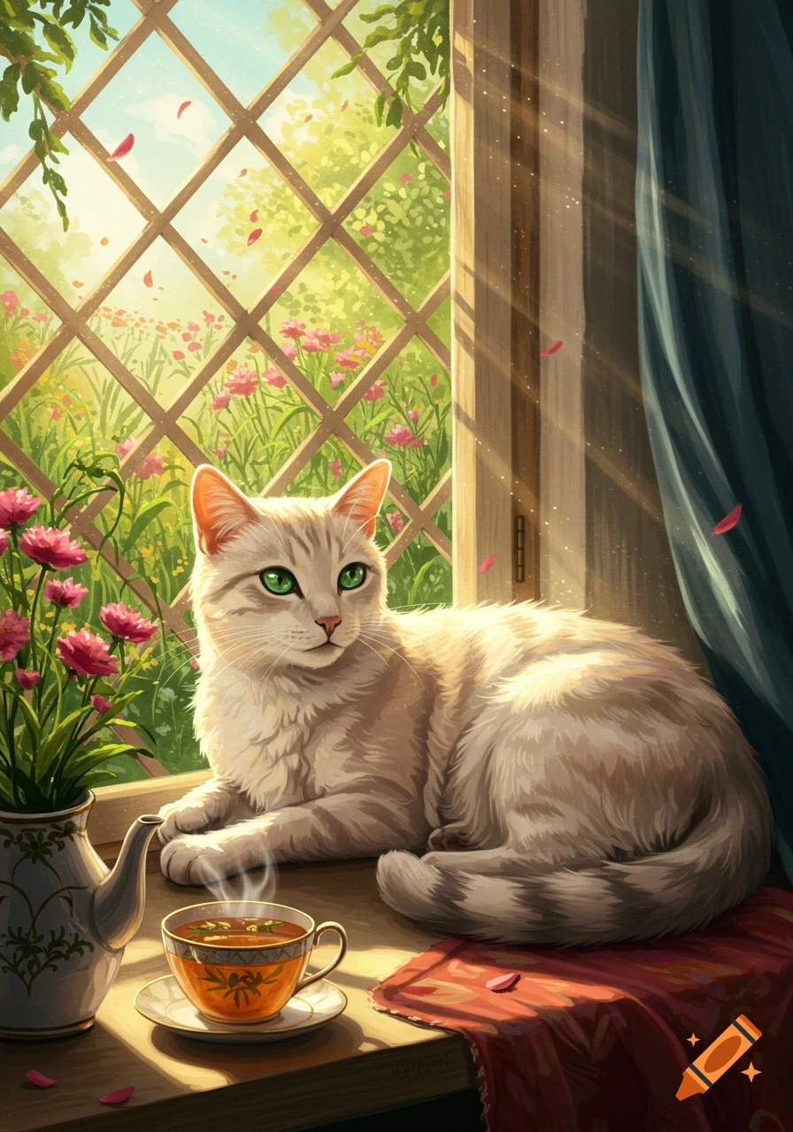 A light-colored striped cat with green eyes rests on a sunlit window sill, looking at a garden with pink flowers, next to a steaming cup of tea.