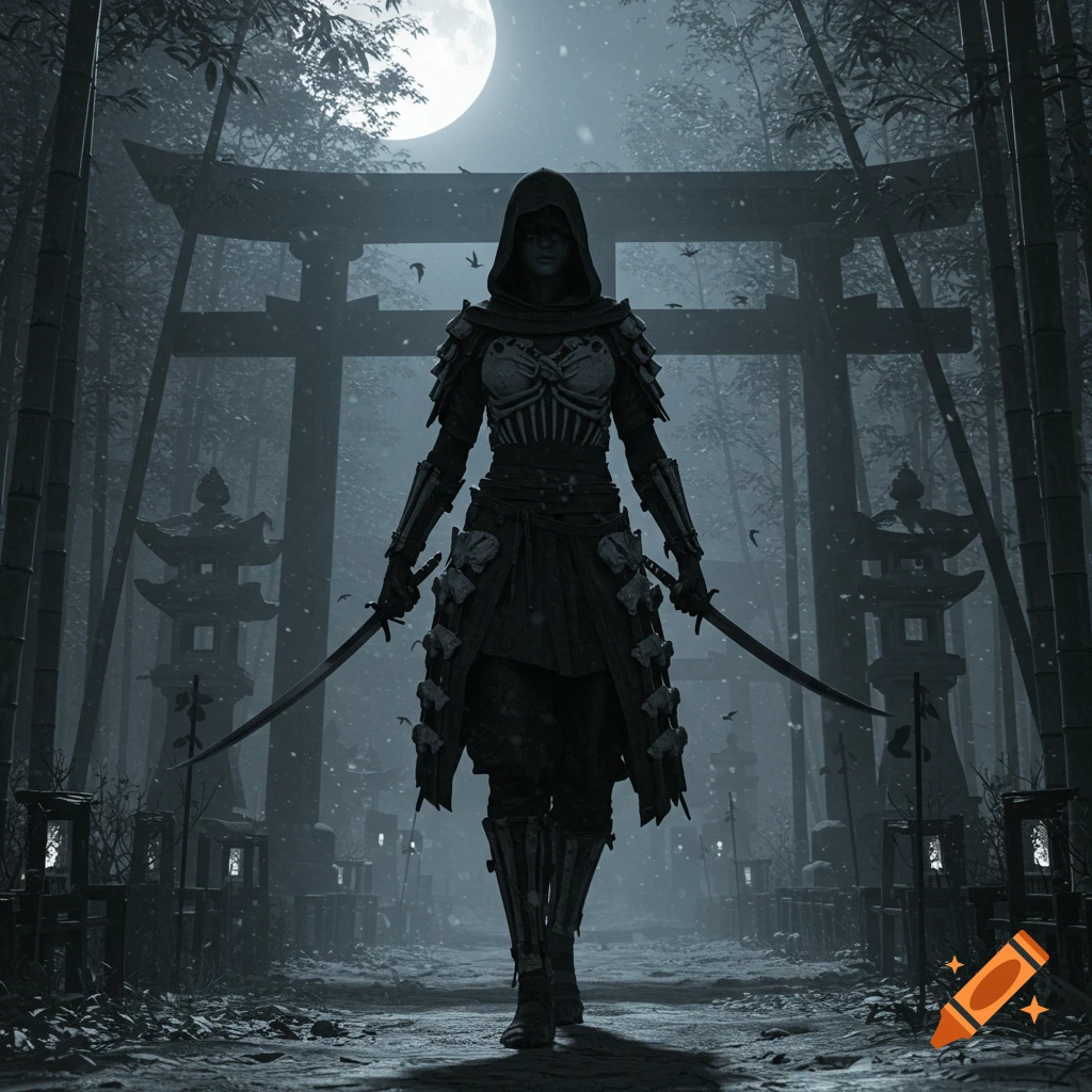 Hooded female assassin in dark armor with skeletal details, holding two katanas, stands in a snowy bamboo forest at night with a torii gate.
