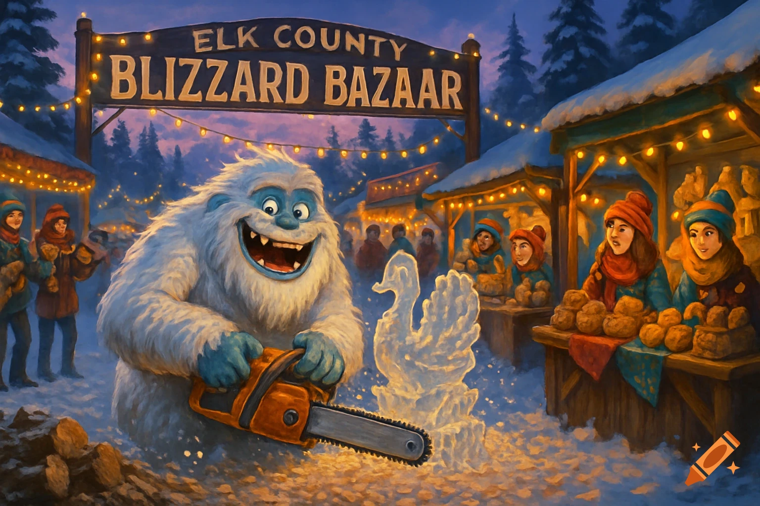 Happy yeti carves an ice sculpture with a chainsaw at a bustling winter bazaar under a sign reading 'Elk County Blizzard Bazaar'.