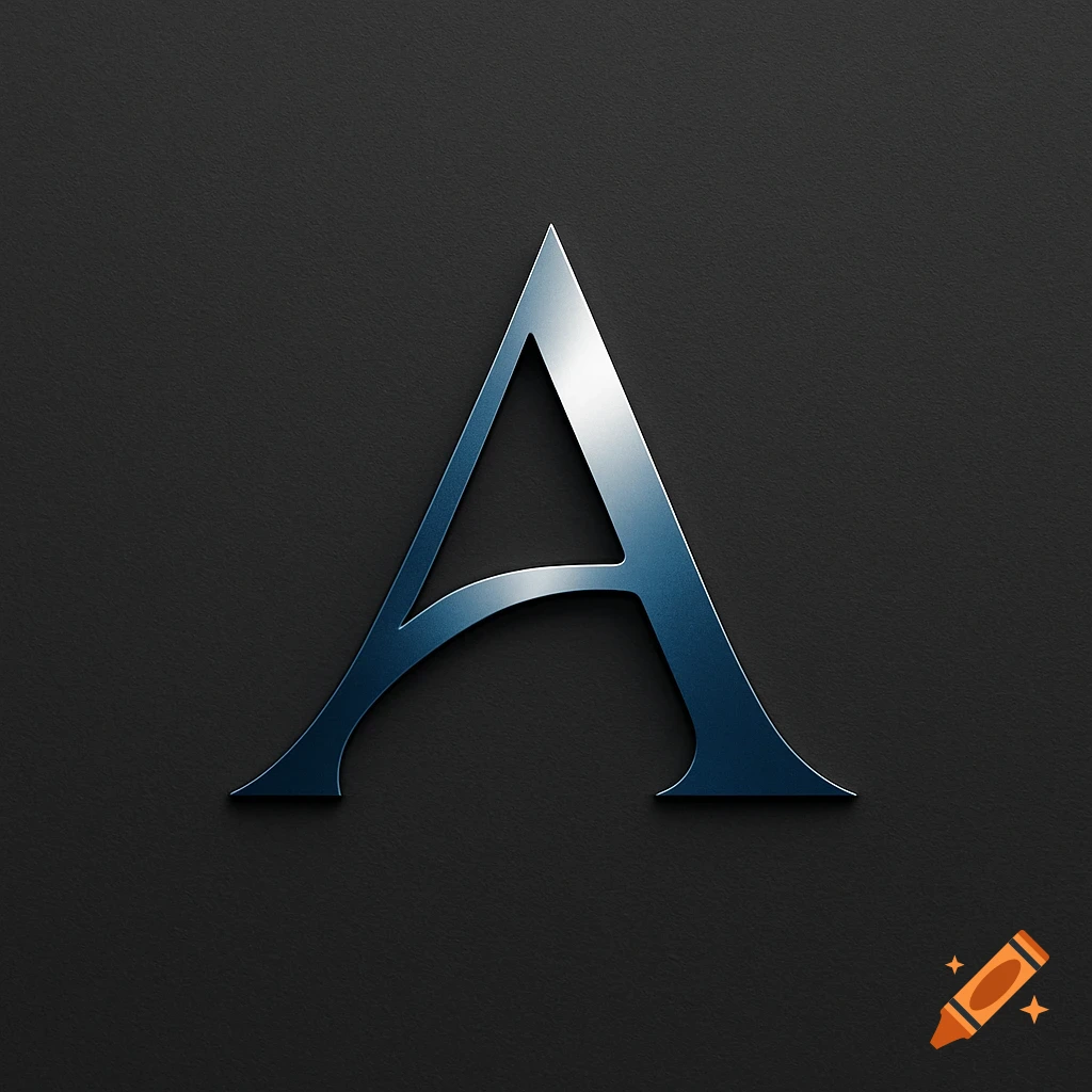 A stylized metallic letter A with a blue tint, on a dark gray textured background.