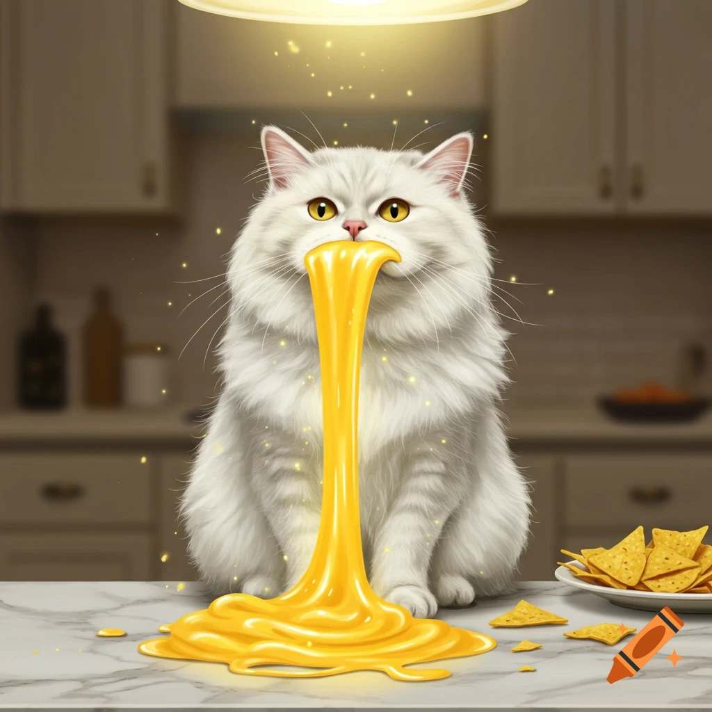 A fluffy white cat with golden eyes sits on a kitchen counter, a stream of bright yellow nacho cheese pouring from its mouth, with tortilla chips nearby.