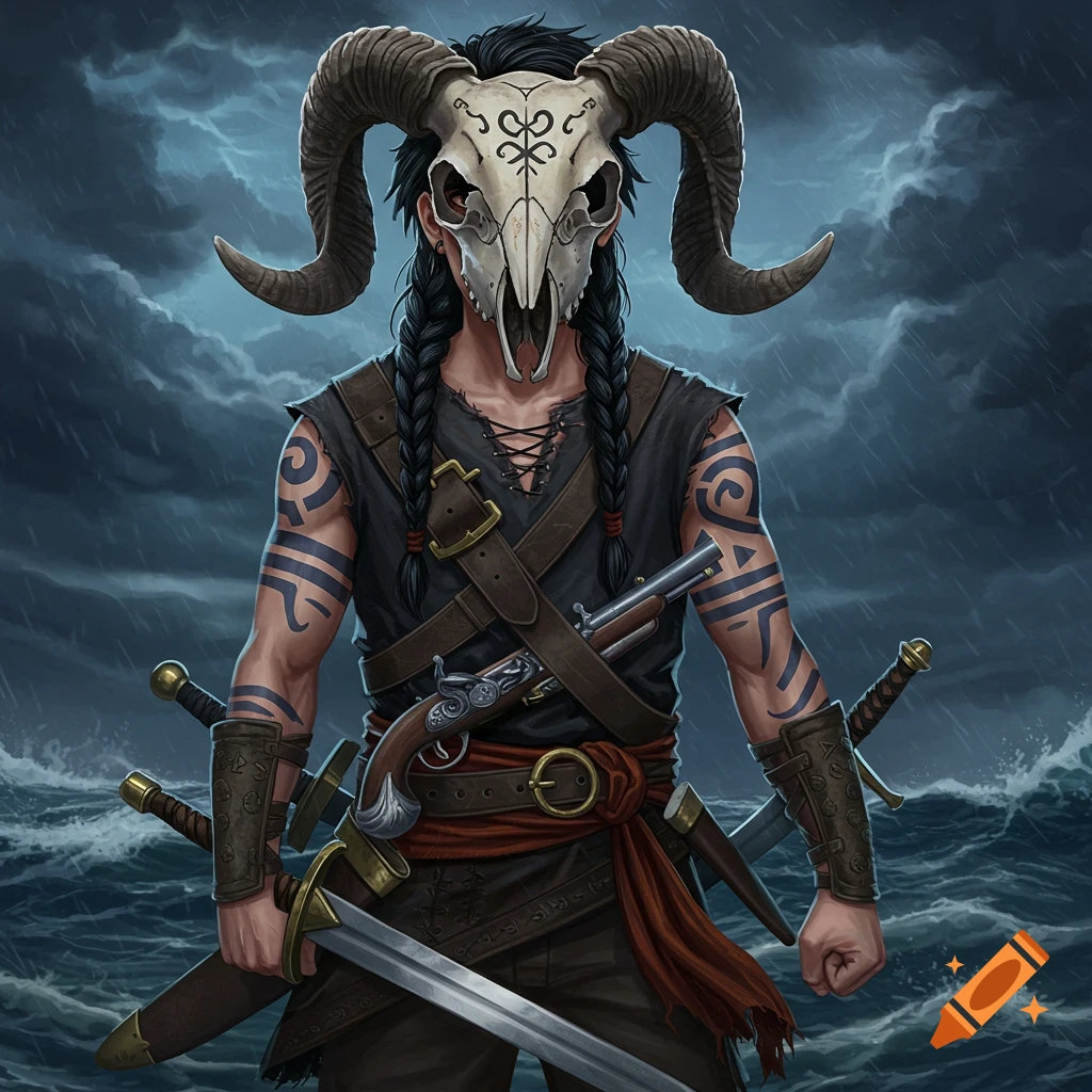 Anime viking-pirate boy with braided black hair and a ram skull mask, holding a sword against a stormy sea.