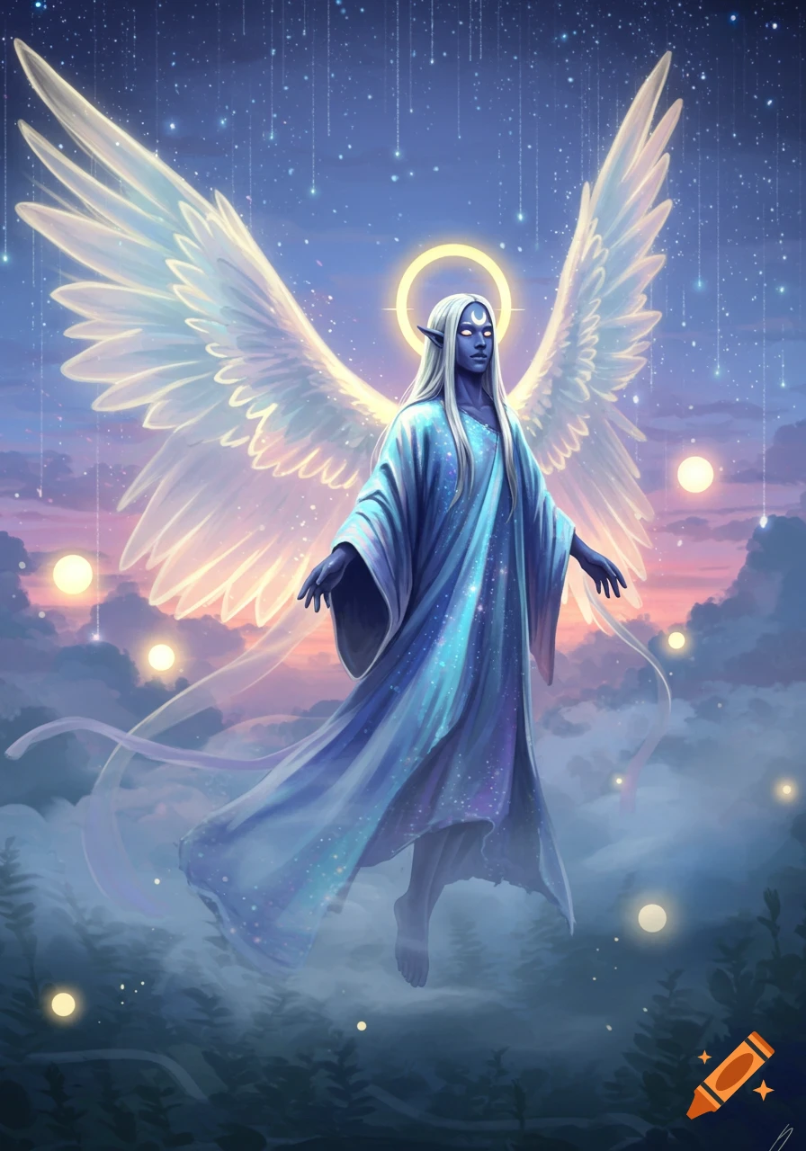 An ethereal blue-skinned, white-haired angel with large white wings and a halo floats in a starry twilight sky, wearing a flowing, star-speckled blue robe.