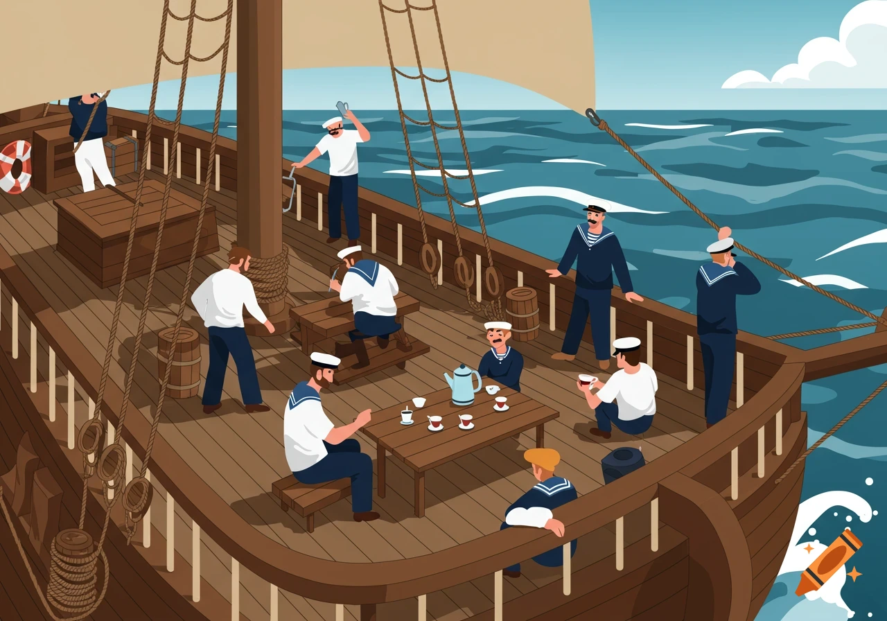 Illustration of sailors on a ship deck, some drinking tea, others working, with the sea in the background.