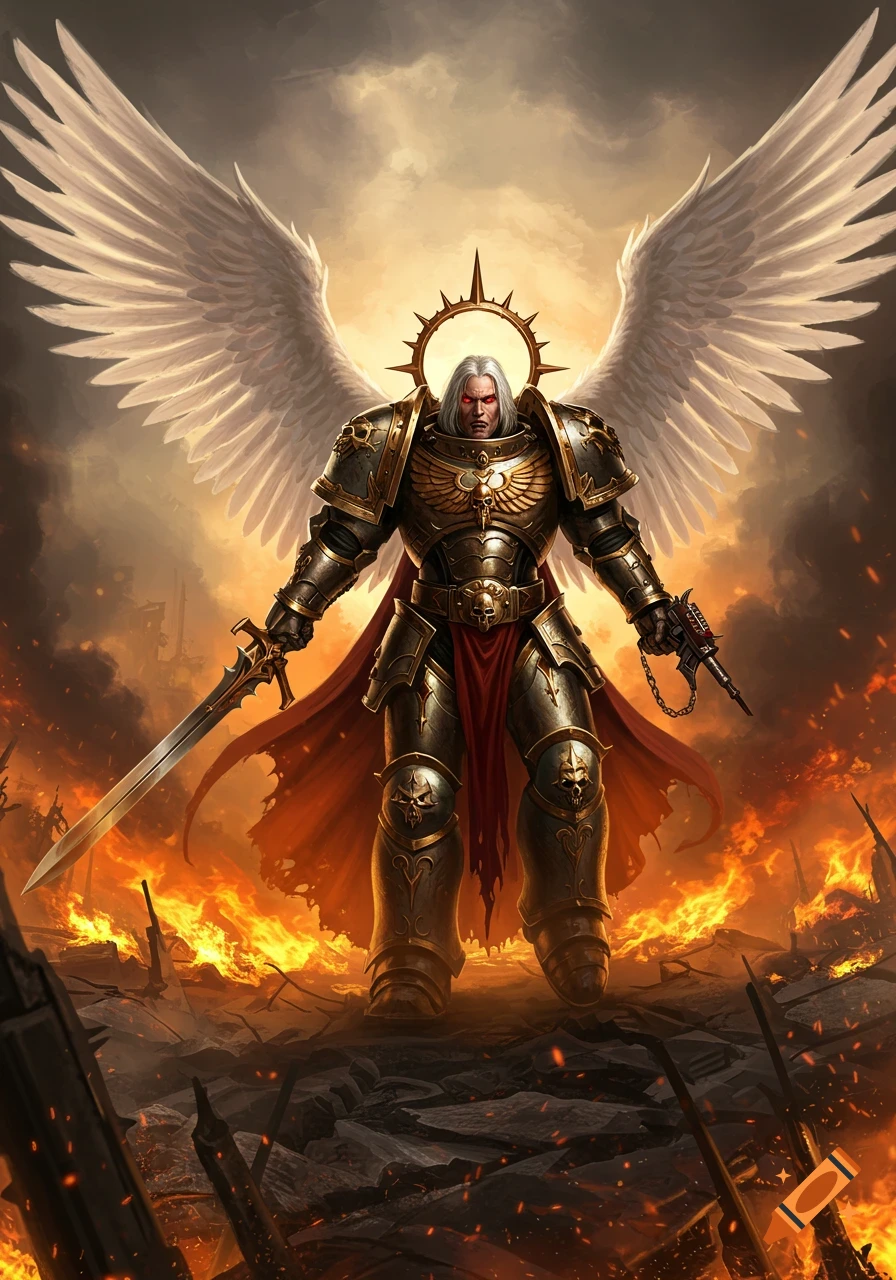 An angelic warrior in golden and grey power armor with white wings, holding a sword and pistol, stands on a fiery, war-torn battlefield under a dark sky.