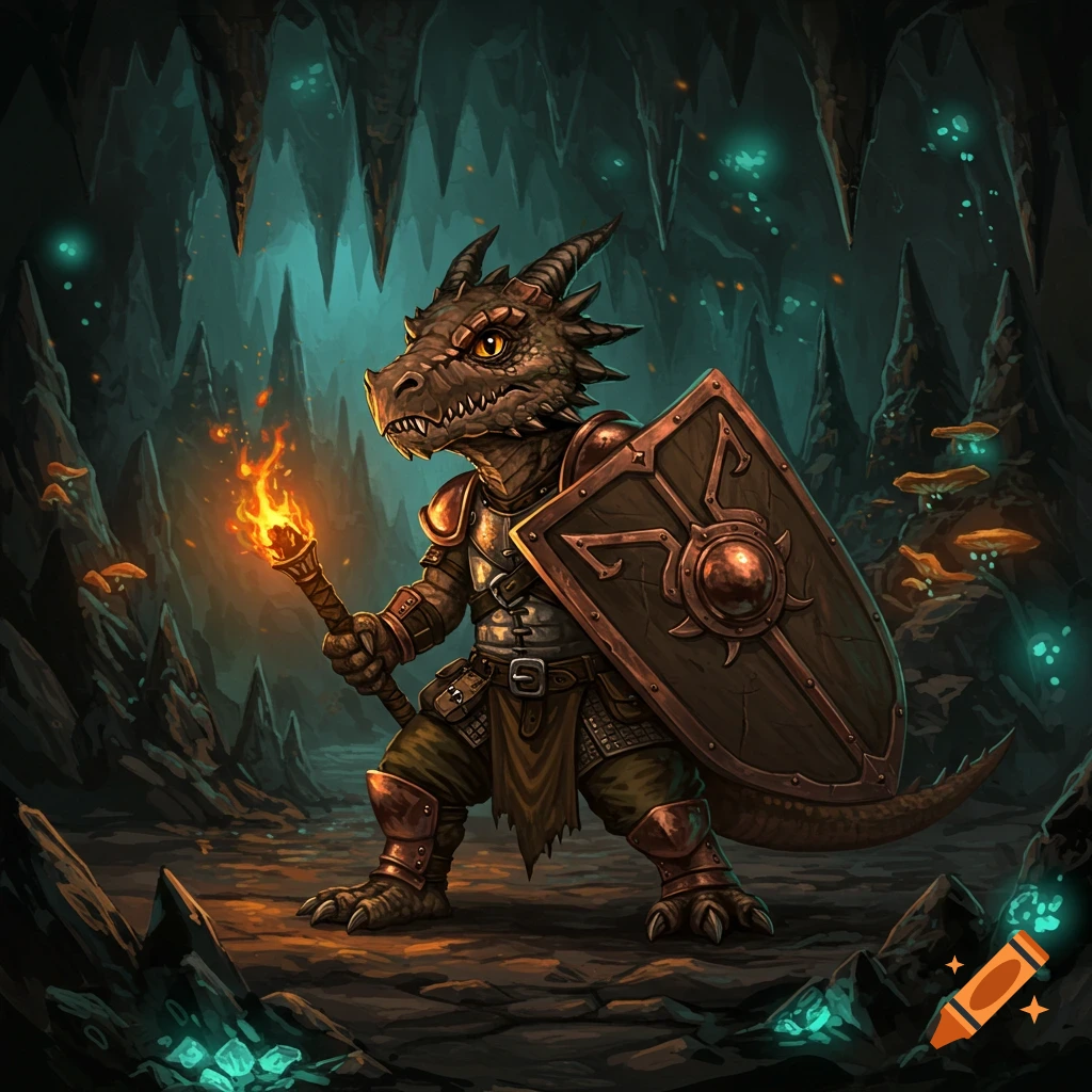 A small, armored kobold stands in a dark cave, holding a flaming torch and a large wooden shield. Green glowing crystals and mushrooms are visible.
