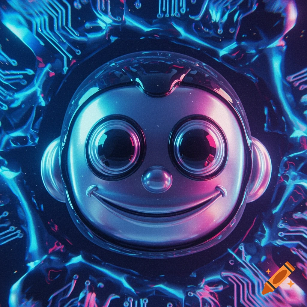 A smiling, chrome robot head with large eyes in a Y2K cyber style, surrounded by glowing blue and pink circuit board patterns.