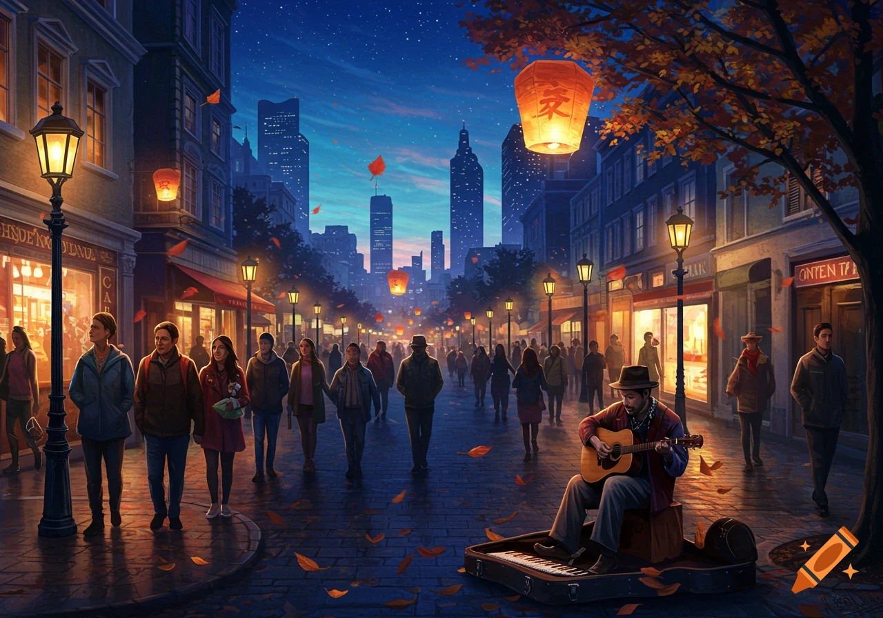 A vibrant night street scene with many people walking and a man playing guitar. Floating lanterns illuminate the sky above city buildings.