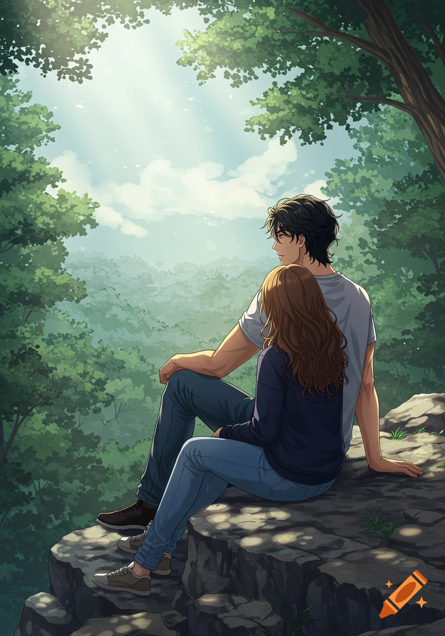 A young man and woman, in anime style, sit on a rocky cliff overlooking a vast forest, bathed in sunlight.