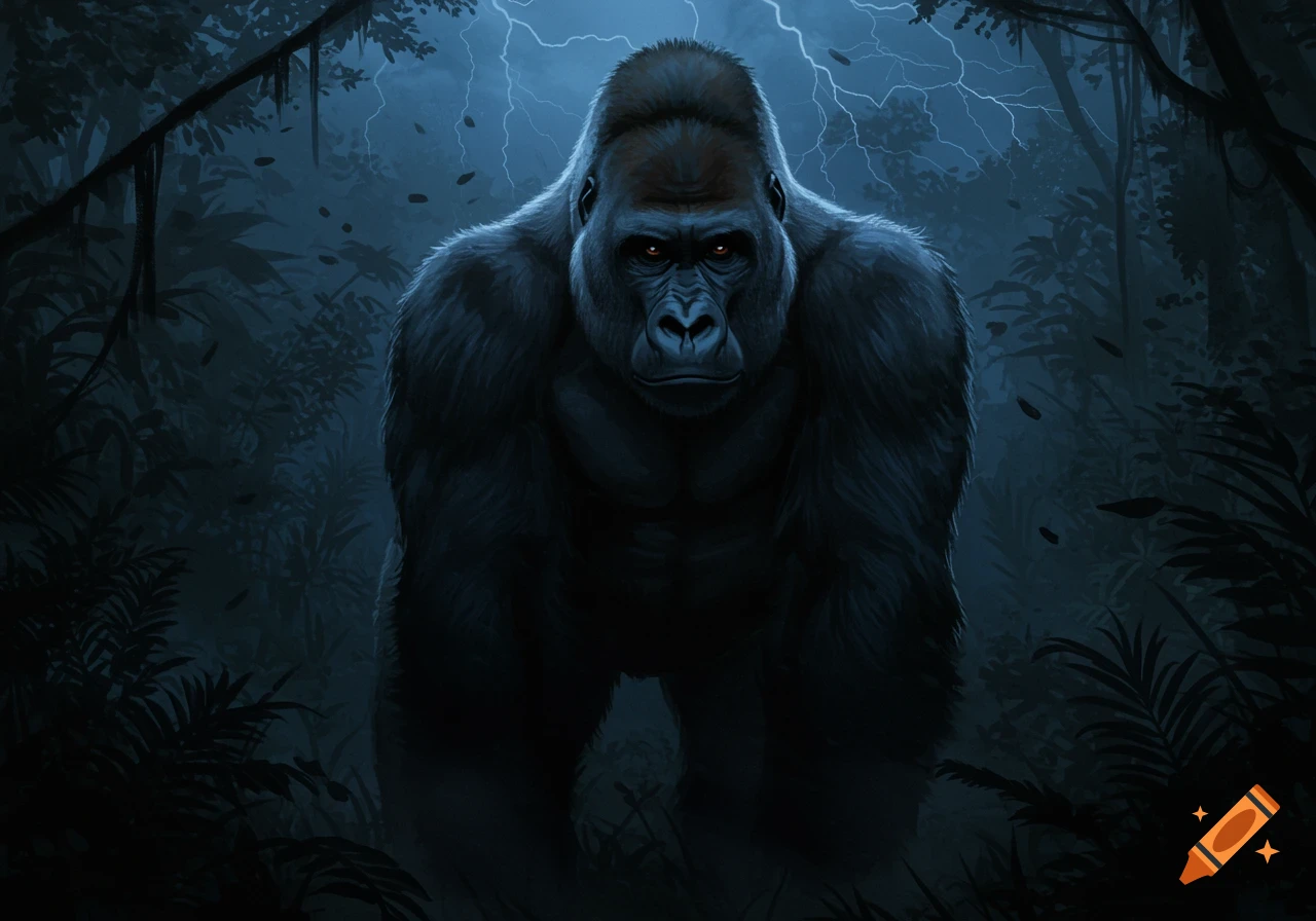 A powerful gorilla with glowing eyes stands in a dark, stormy jungle with lightning flashes in the background.