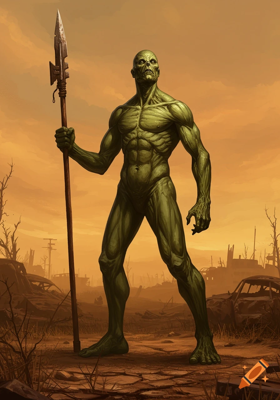 A muscular green humanoid super mutant holding a spear in a desolate, ruined post-apocalyptic landscape.