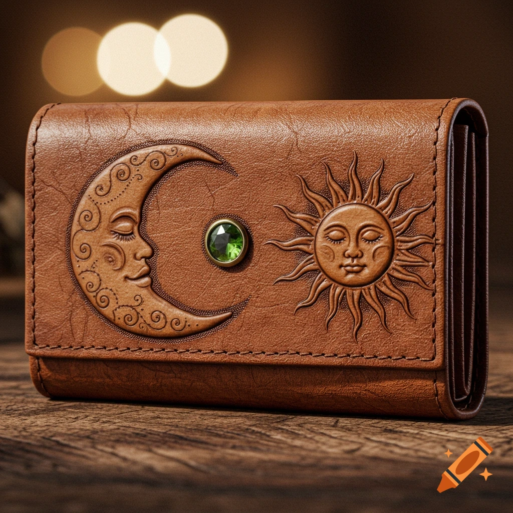 A brown leather wallet with an embossed crescent moon, a sun, and a green gemstone, resting on a wooden surface.