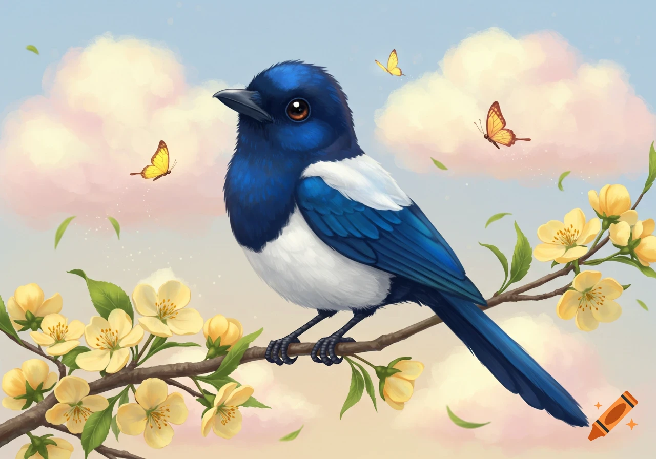 Cute blue and white magpie on a branch with yellow flowers and butterflies in a pastel sky. Illustration.
