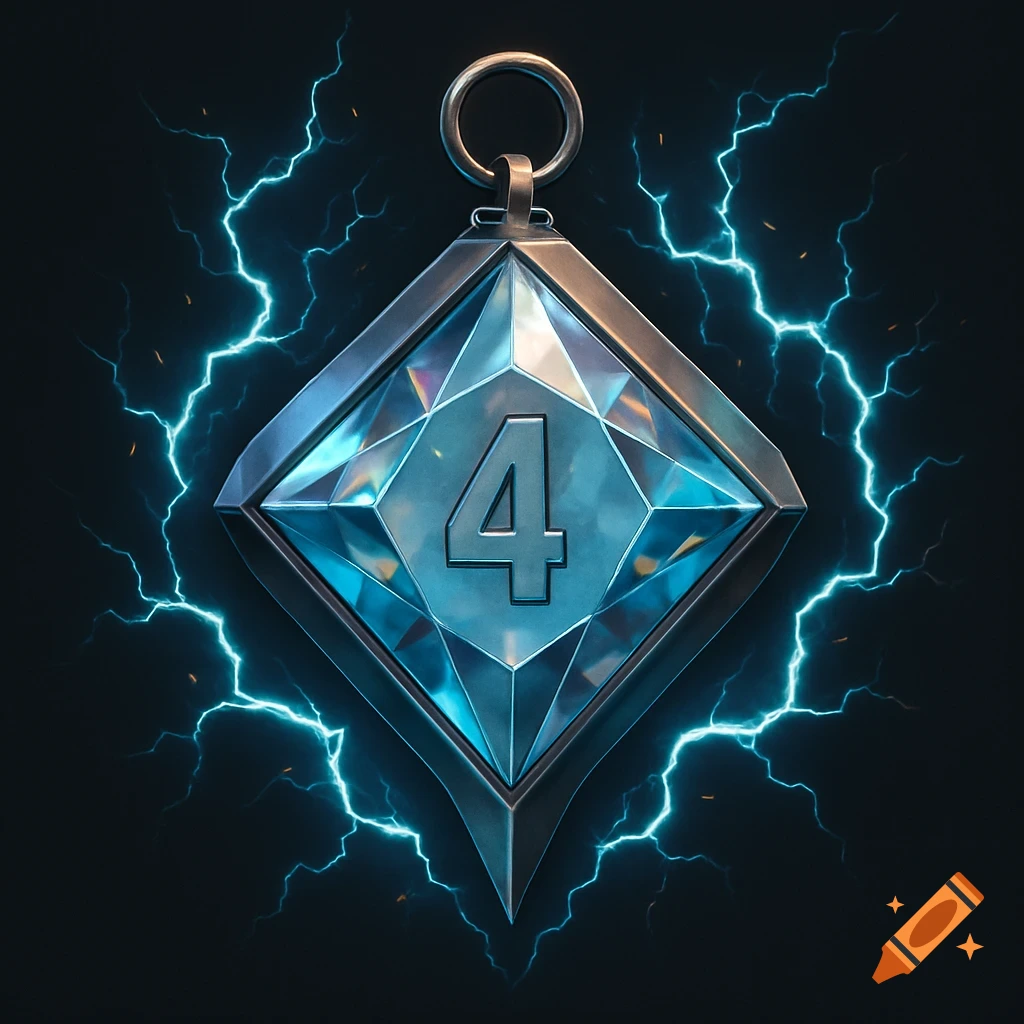 A shiny diamond pendant with a metal frame and the number 4 etched into its surface, surrounded by bright blue lightning bolts on a dark background.
