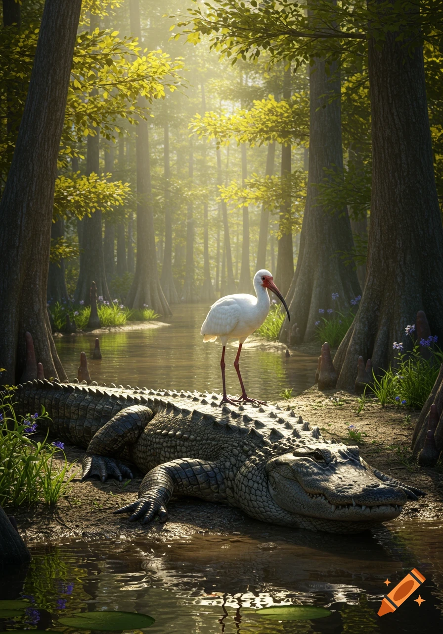 An ibis stands on the back of an alligator in a sun-drenched swamp with cypress trees.