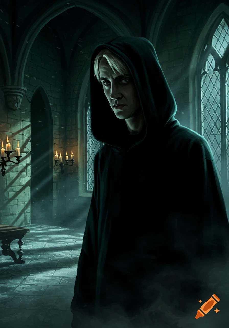 Digital painting of a pale, blonde-haired man in a black hoodie, standing in a dark, gothic castle chamber with arched windows and candles.